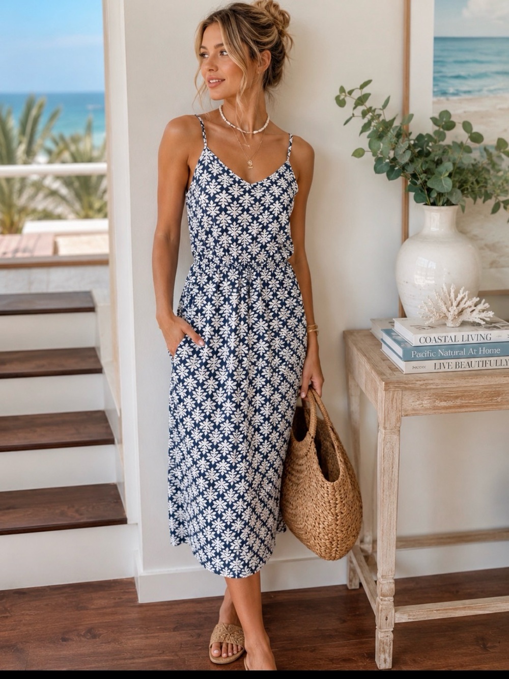 GAP Navy and White Floral Midi Dress with Spaghetti Straps medium